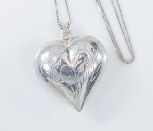 Large Sterling Silver Etched Puffed Heart Necklace