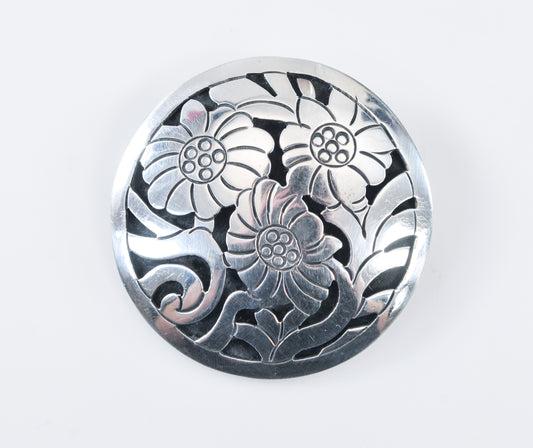 Large Sterling Silver Round Flower Brooch Pendant