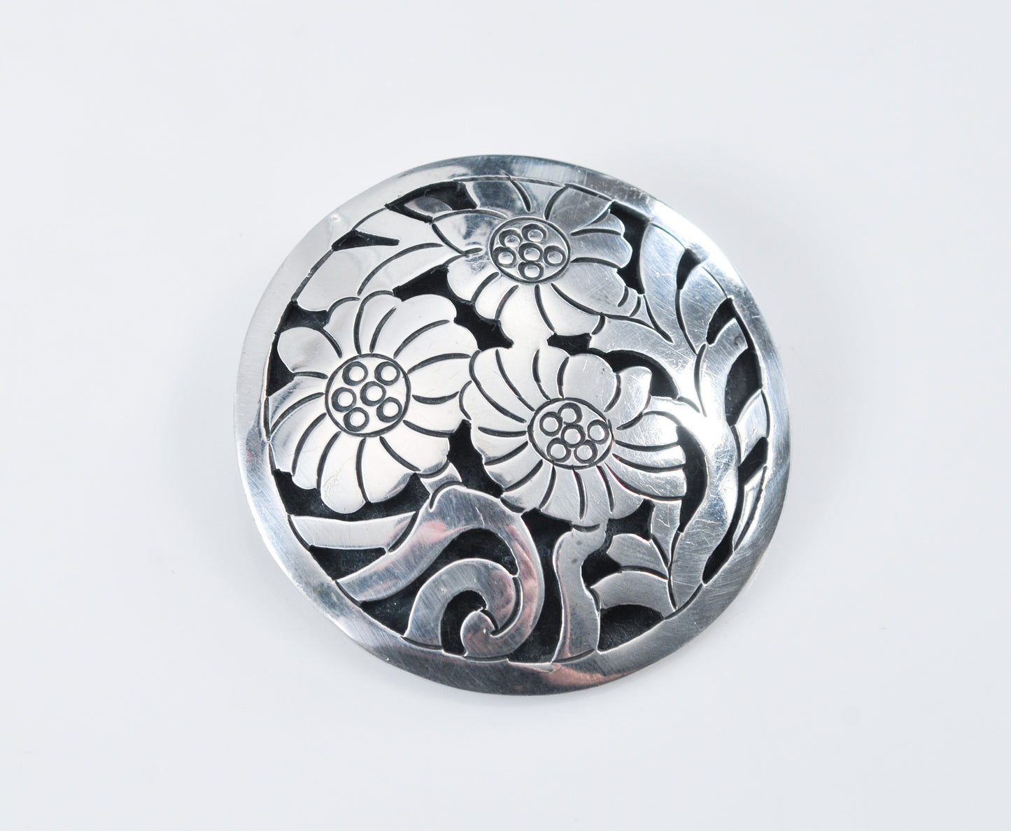 Large Sterling Silver Round Flower Brooch Pendant