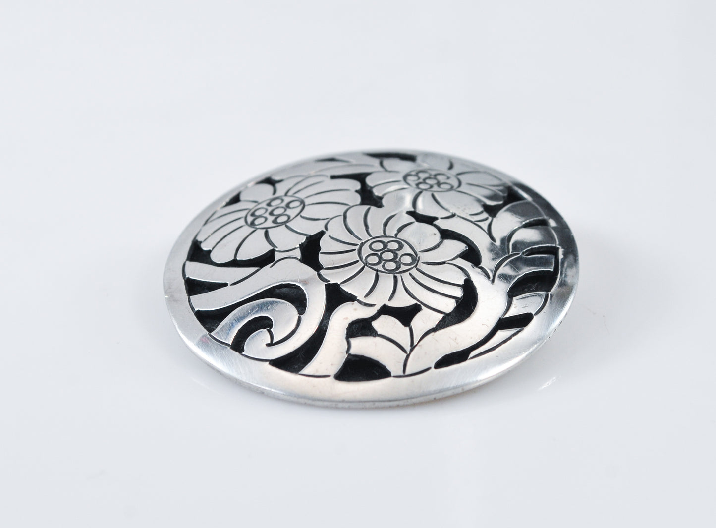 Large Sterling Silver Round Flower Brooch Pendant