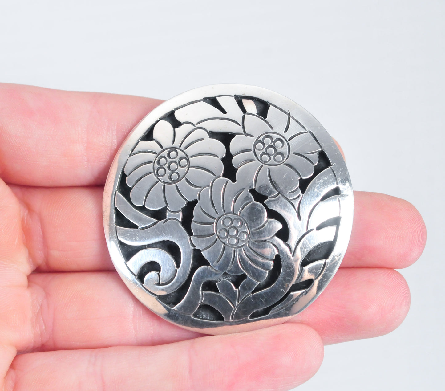 Large Sterling Silver Round Flower Brooch Pendant