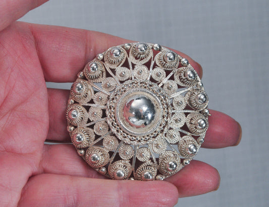 Large Vintage Sterling Silver Cannetille Brooch