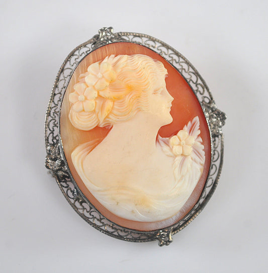 Vintage Sterling Silver Carved Cameo Brooch