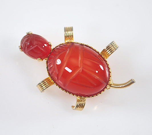 Small Signed Gold Filled Carnelian Scarab Turtle Brooch