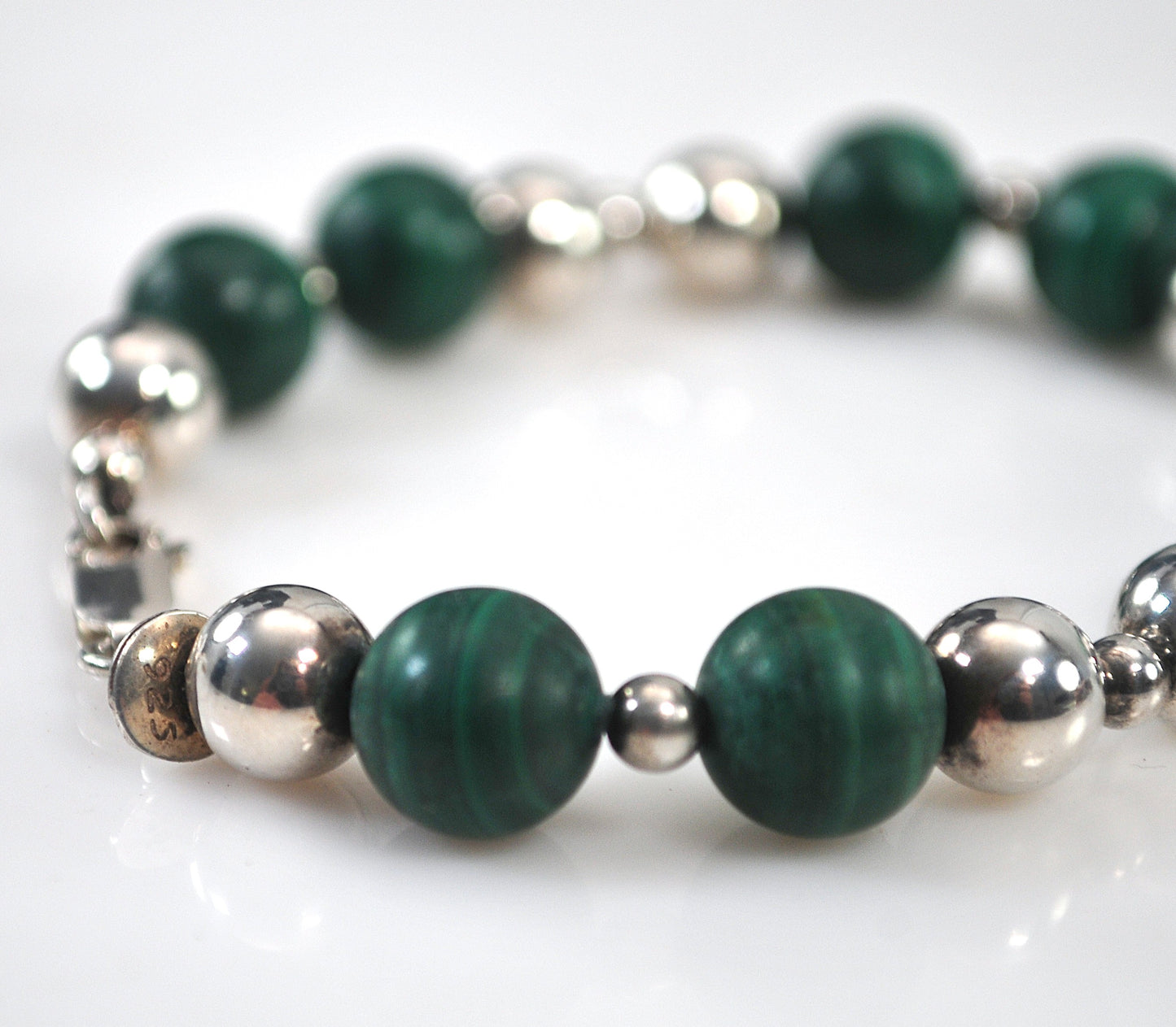 Authentic Tiffany & Co. Sterling Silver 10mm Malachite Ball Bracelet