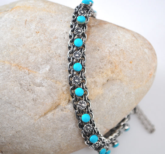 Vintage Old Mexico Sterling Silver Turquoise Mesh Bracelet