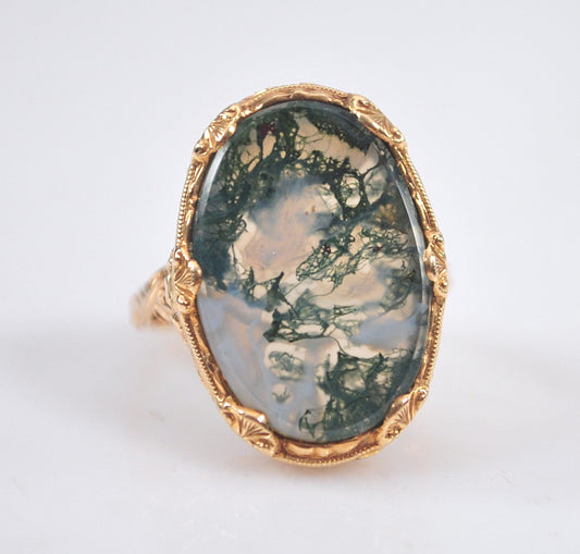 Antique 10K Moss Agate Ring