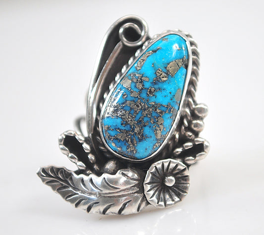 Large Navajo Sterling Silver Turquoise with Pyrite Ring