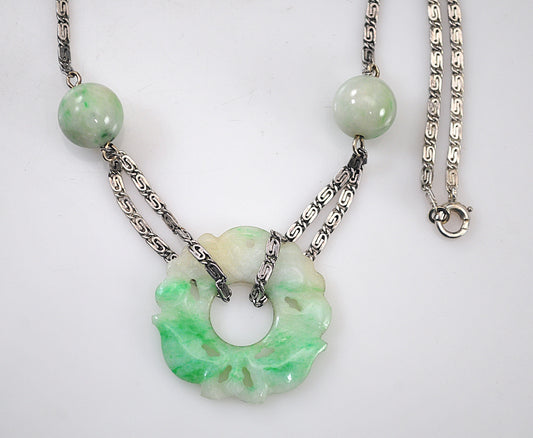 Vintage Sterling Silver Carved Jade Necklace