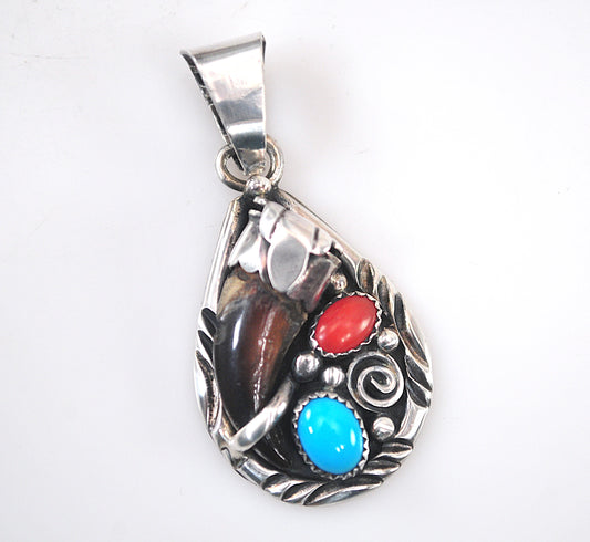 Southwestern Sterling Silver Turquoise Coral Faux Bear Claw Pendant