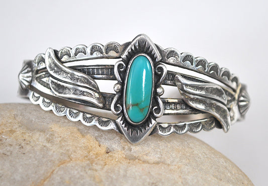 Bell Trading Post Sterling Silver Fred Harvey Era Turquoise Cuff Bracelet