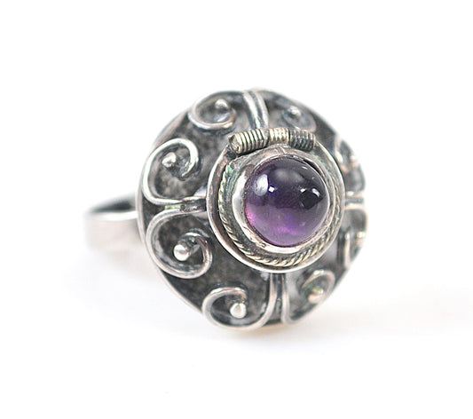 Old Mexico 925 Sterling Silver Amethyst Poison Ring