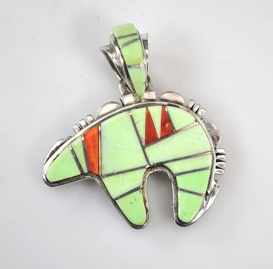 Calvin Begay Native American Sterling Silver Southwestern Inlay Bear Pendant