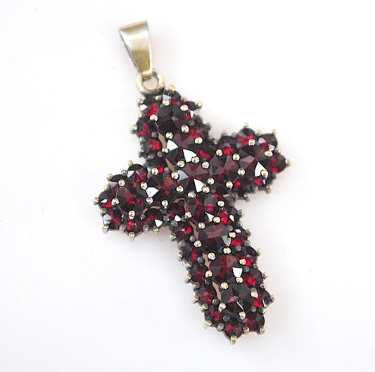Antique Sterling Silver Bohemian Garnet Cross Pendant