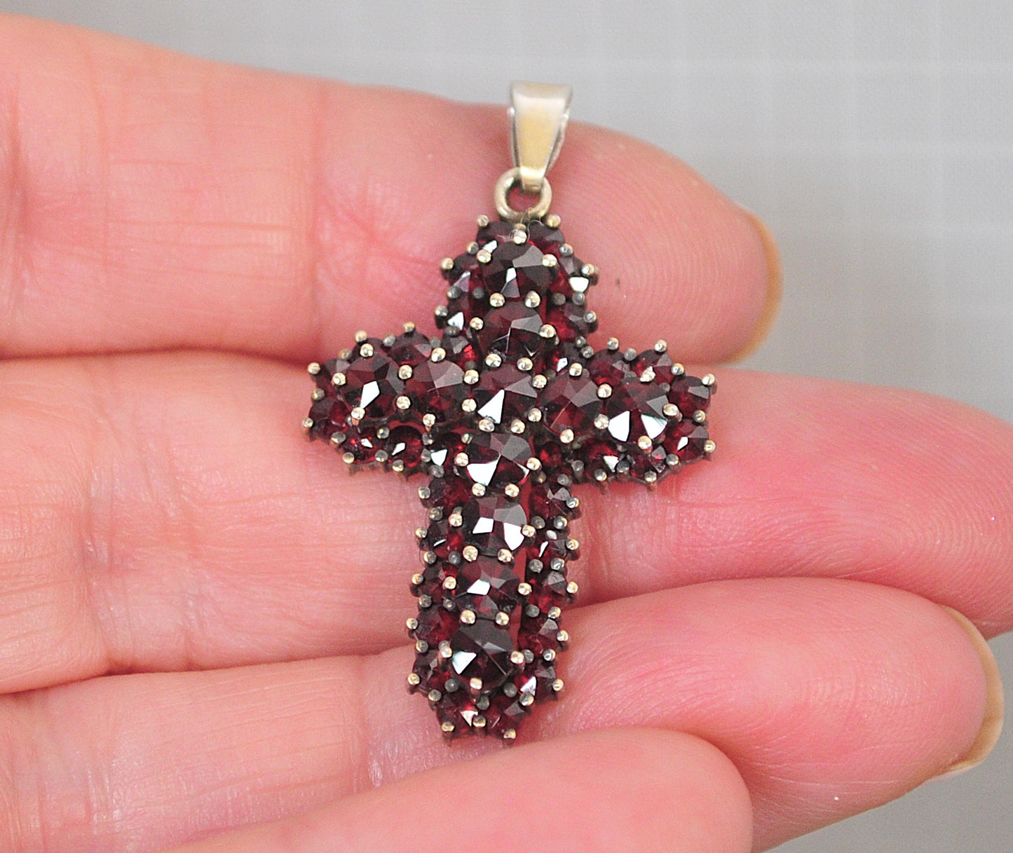 Antique Sterling Silver Bohemian Garnet Cross Pendant