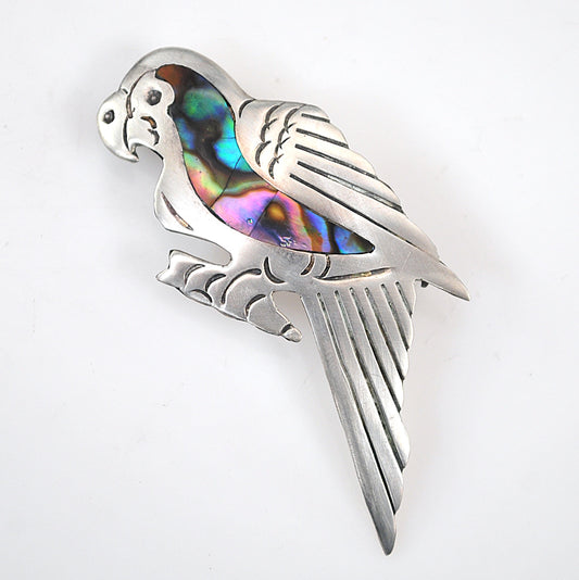 Old Mexico 925 Sterling Silver Abalone Parrot Brooch