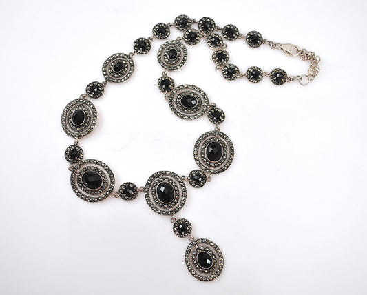 Thailand 925 Sterling Silver Black Onyx Marcasite Bib Necklace