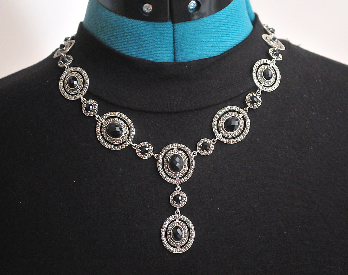 Thailand 925 Sterling Silver Black Onyx Marcasite Bib Necklace