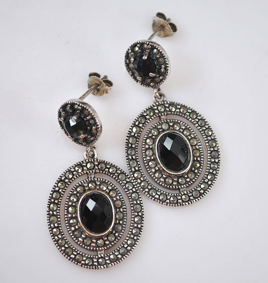 Thailand 925 Sterling Silver Black Onyx Marcasite Earrings