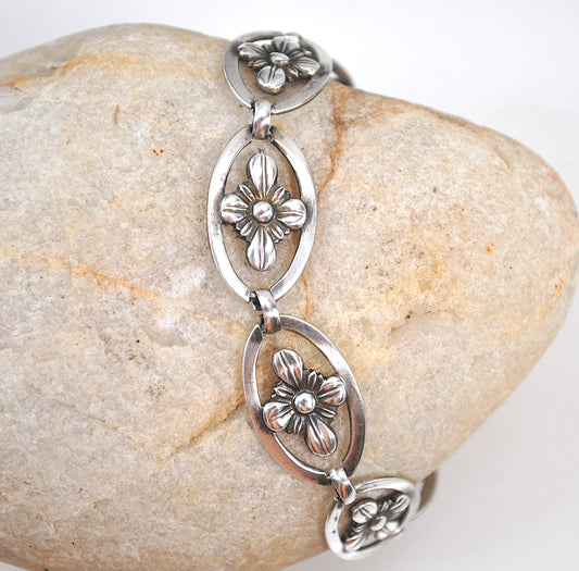 Mid-Century Signed Sterling Silver Flower Link Bracelet