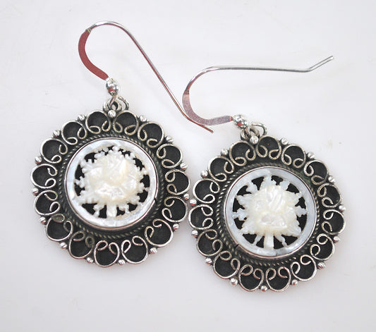 Israel 925 Sterling Silver Carved Mother of Pearl Earrings