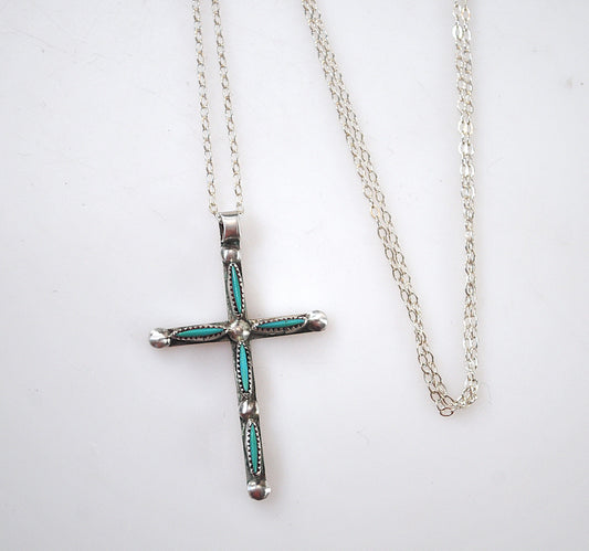 Zuni Sterling Silver Turquoise Needlepoint Cross