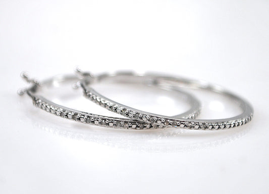 Signed Sterling Silver Genuine Diamond Hoop Earrings