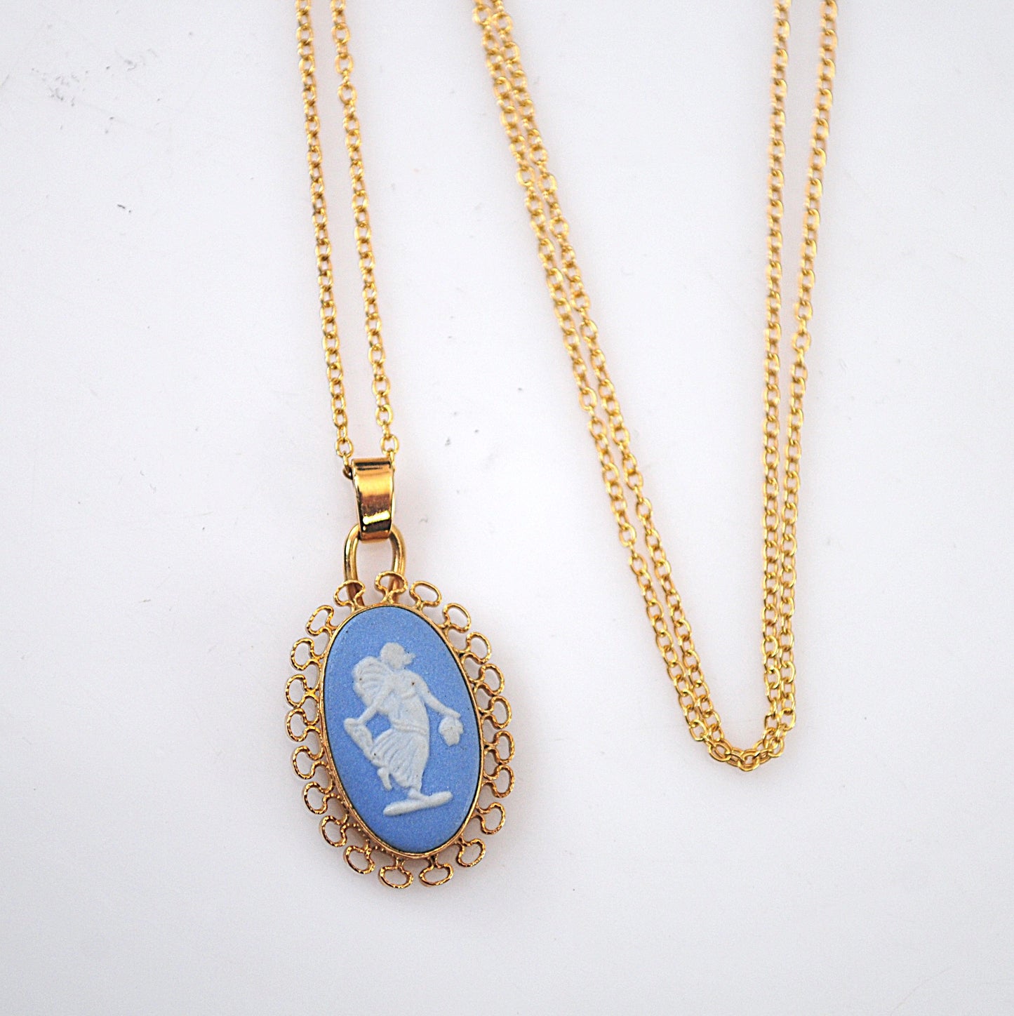 Vintage Gold Filled Wedgwood Jasperware Blue Cameo Pendant Necklace