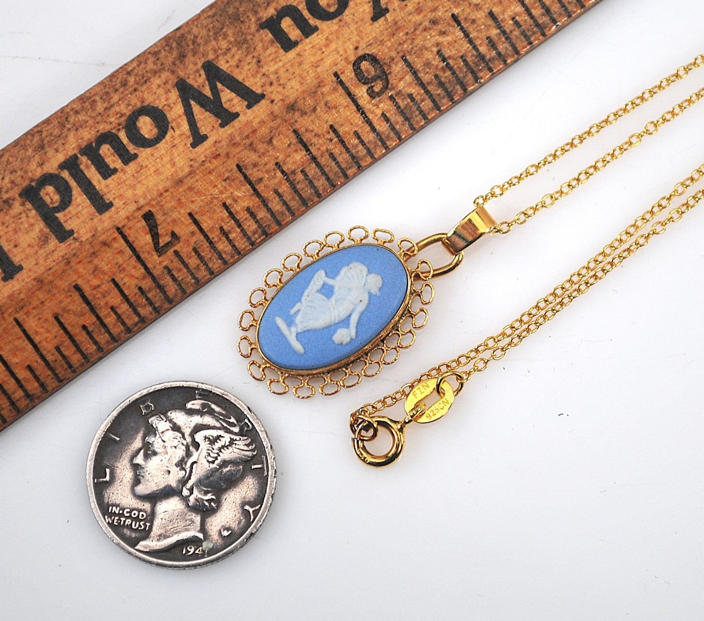 Vintage Gold Filled Wedgwood Jasperware Blue Cameo Pendant Necklace