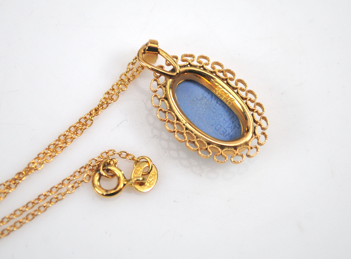 Vintage Gold Filled Wedgwood Jasperware Blue Cameo Pendant Necklace