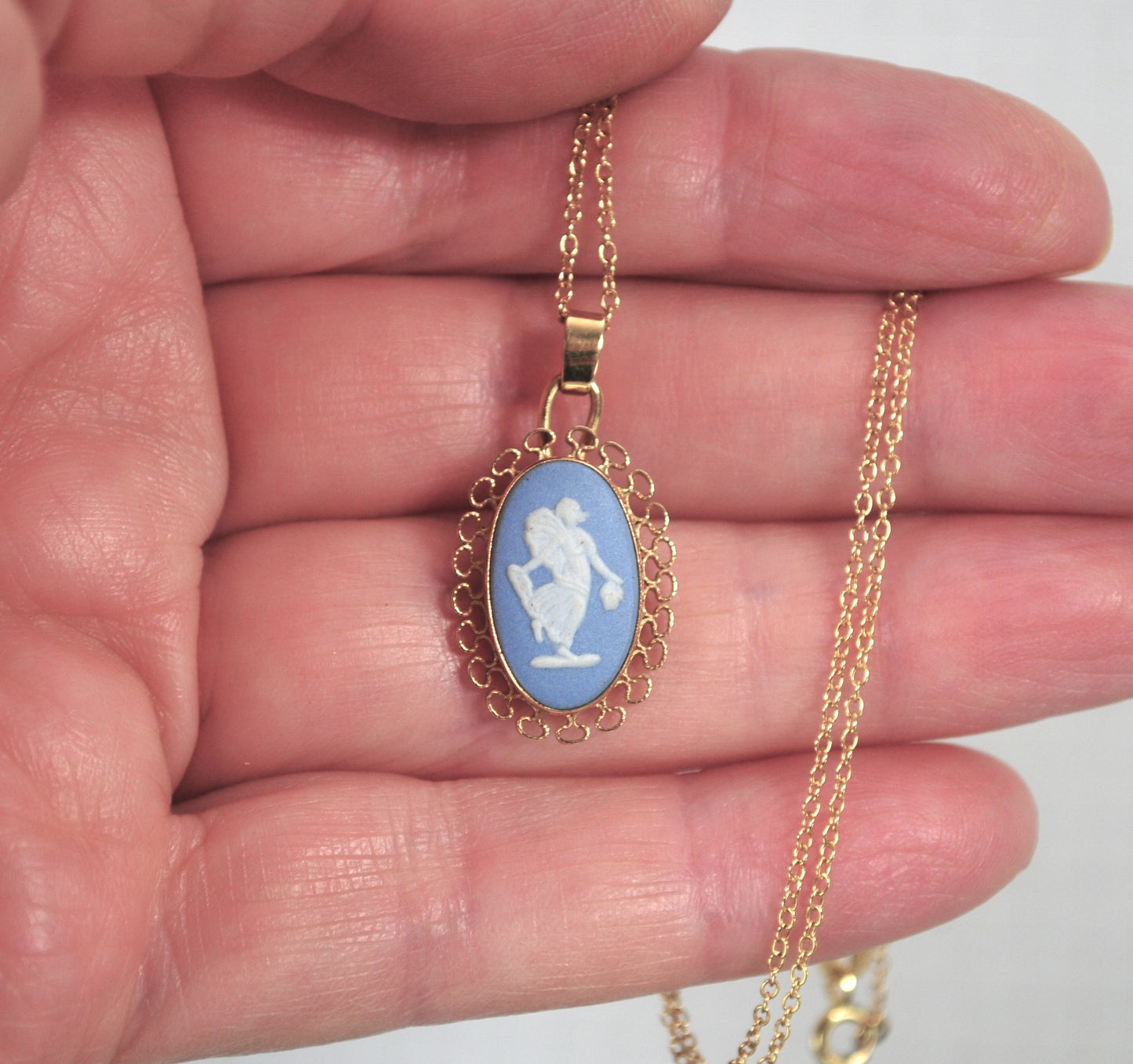 Vintage Gold Filled Wedgwood Jasperware Blue Cameo Pendant Necklace
