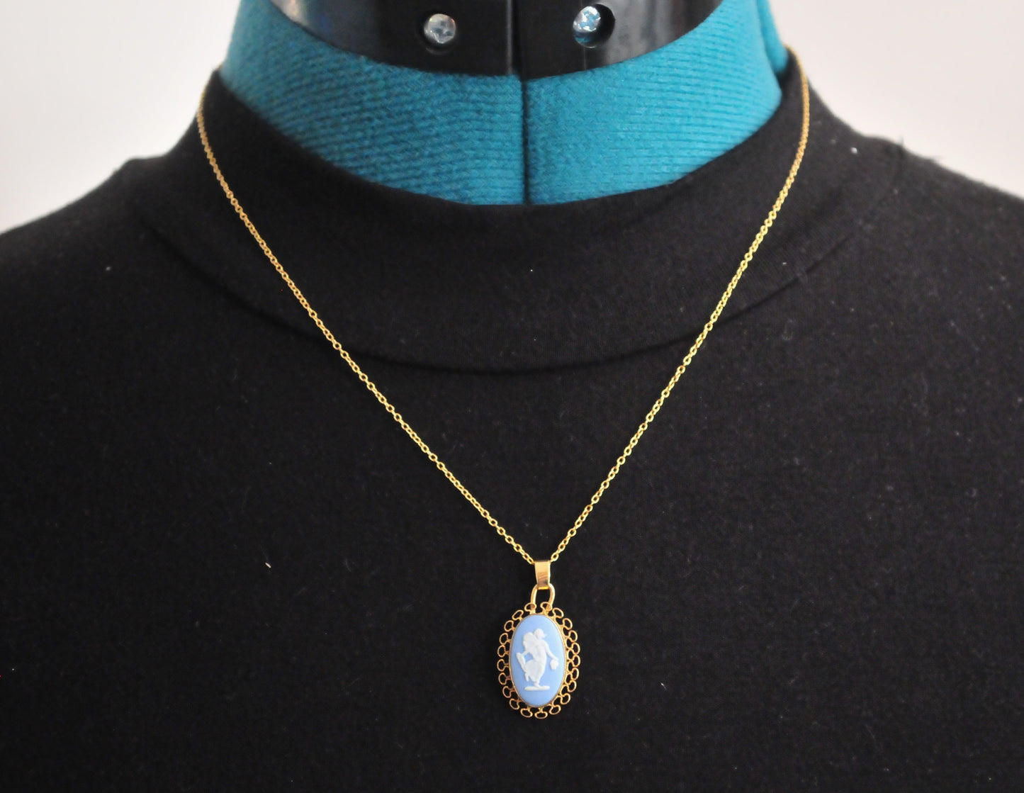 Vintage Gold Filled Wedgwood Jasperware Blue Cameo Pendant Necklace