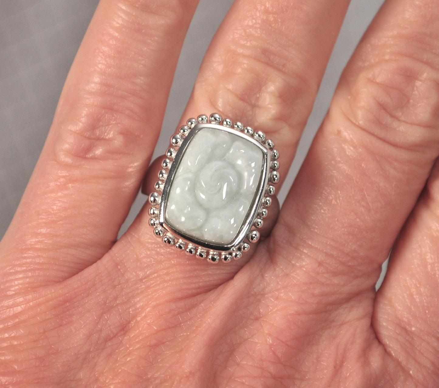 Carved Jade Sterling Silver Signed Ring