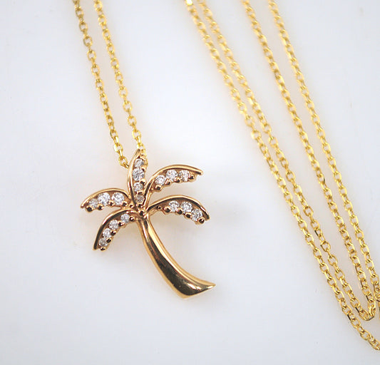 14K Gold Diamond Palm Tree Necklace