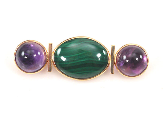 Signed 14K Gold Malachite Amethyst Brooch