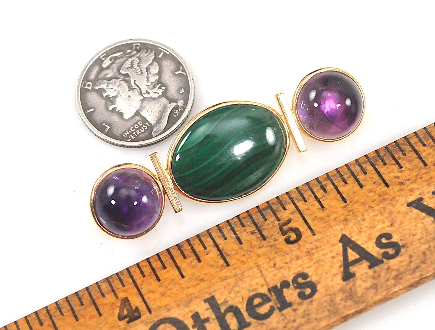 Signed 14K Gold Malachite Amethyst Brooch