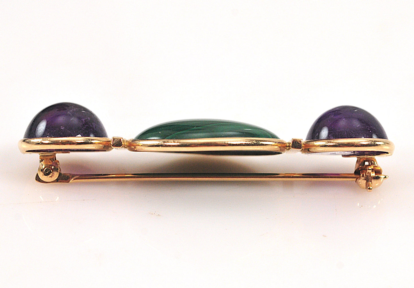 Signed 14K Gold Malachite Amethyst Brooch