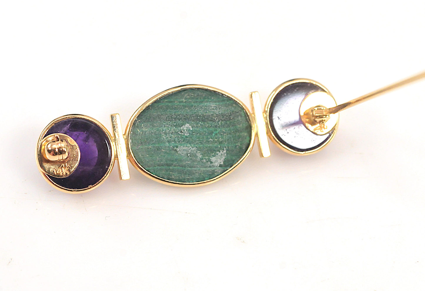 Signed 14K Gold Malachite Amethyst Brooch