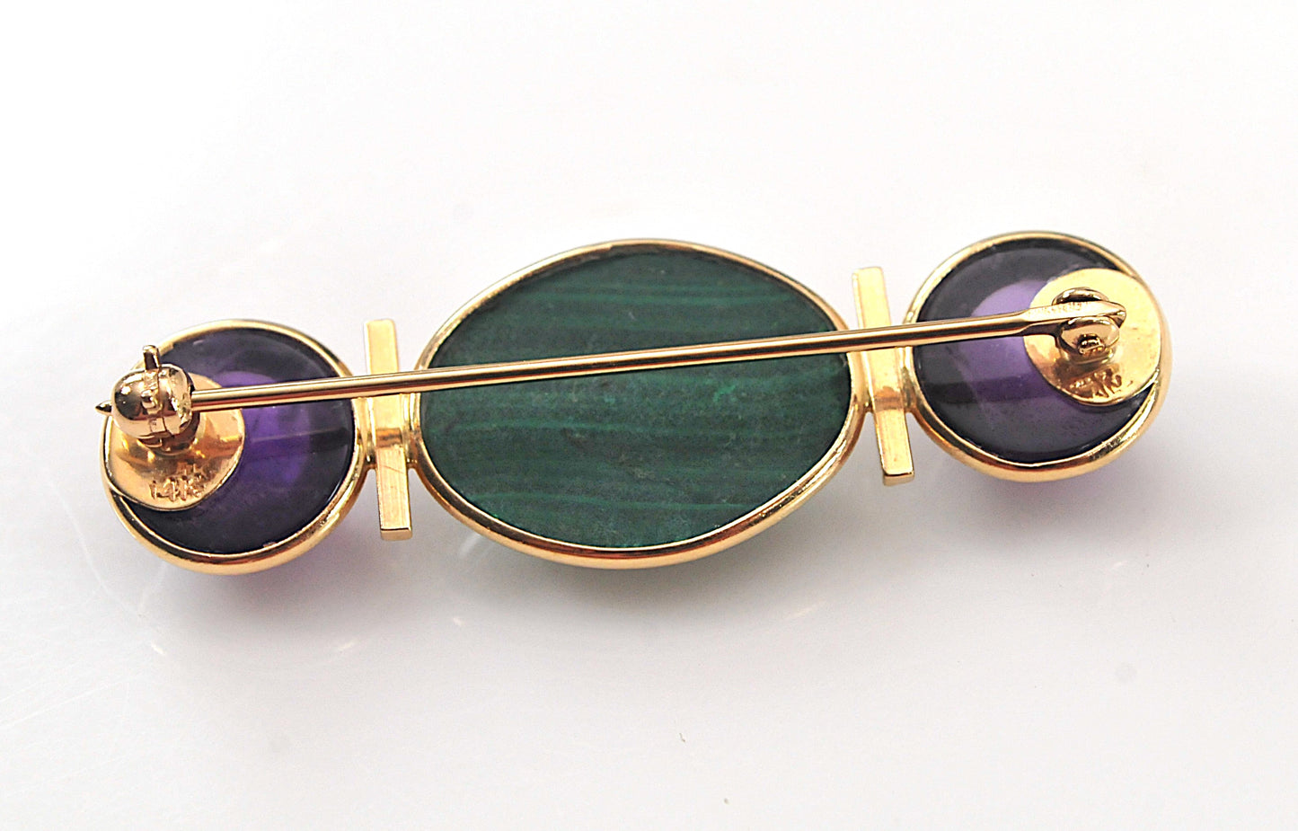 Signed 14K Gold Malachite Amethyst Brooch