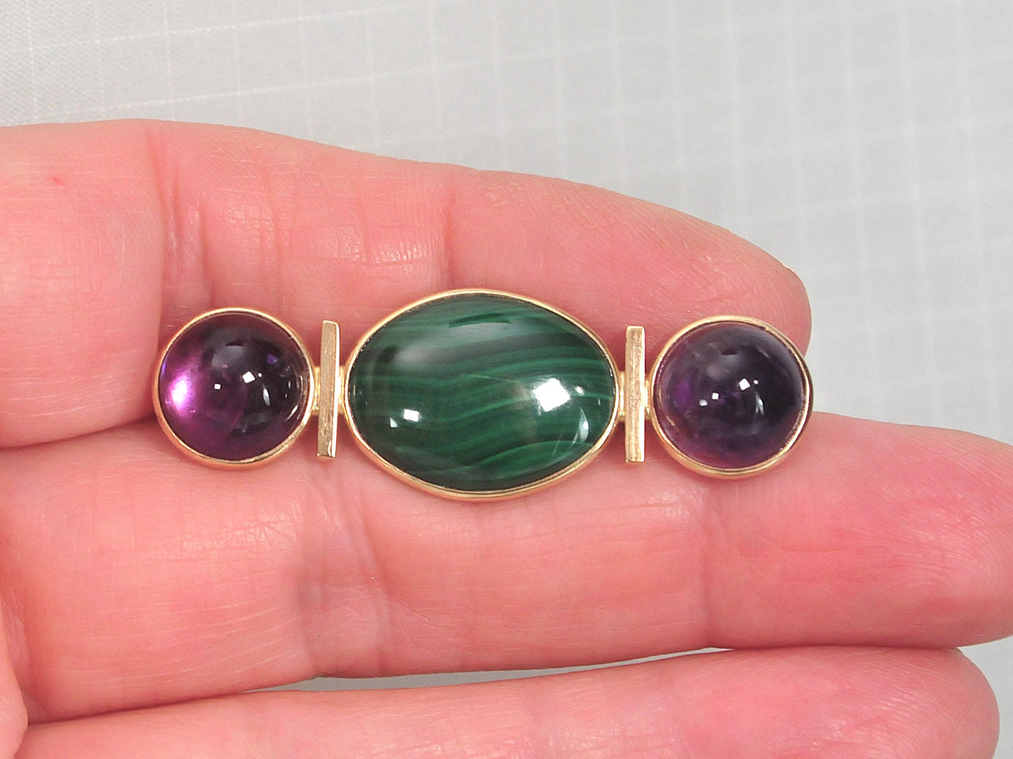 Signed 14K Gold Malachite Amethyst Brooch