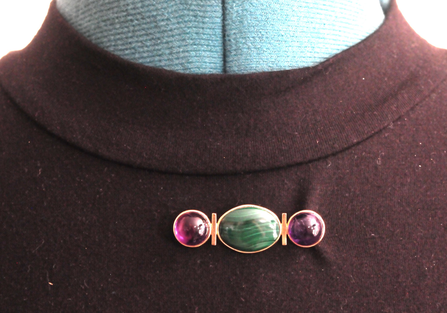 Signed 14K Gold Malachite Amethyst Brooch