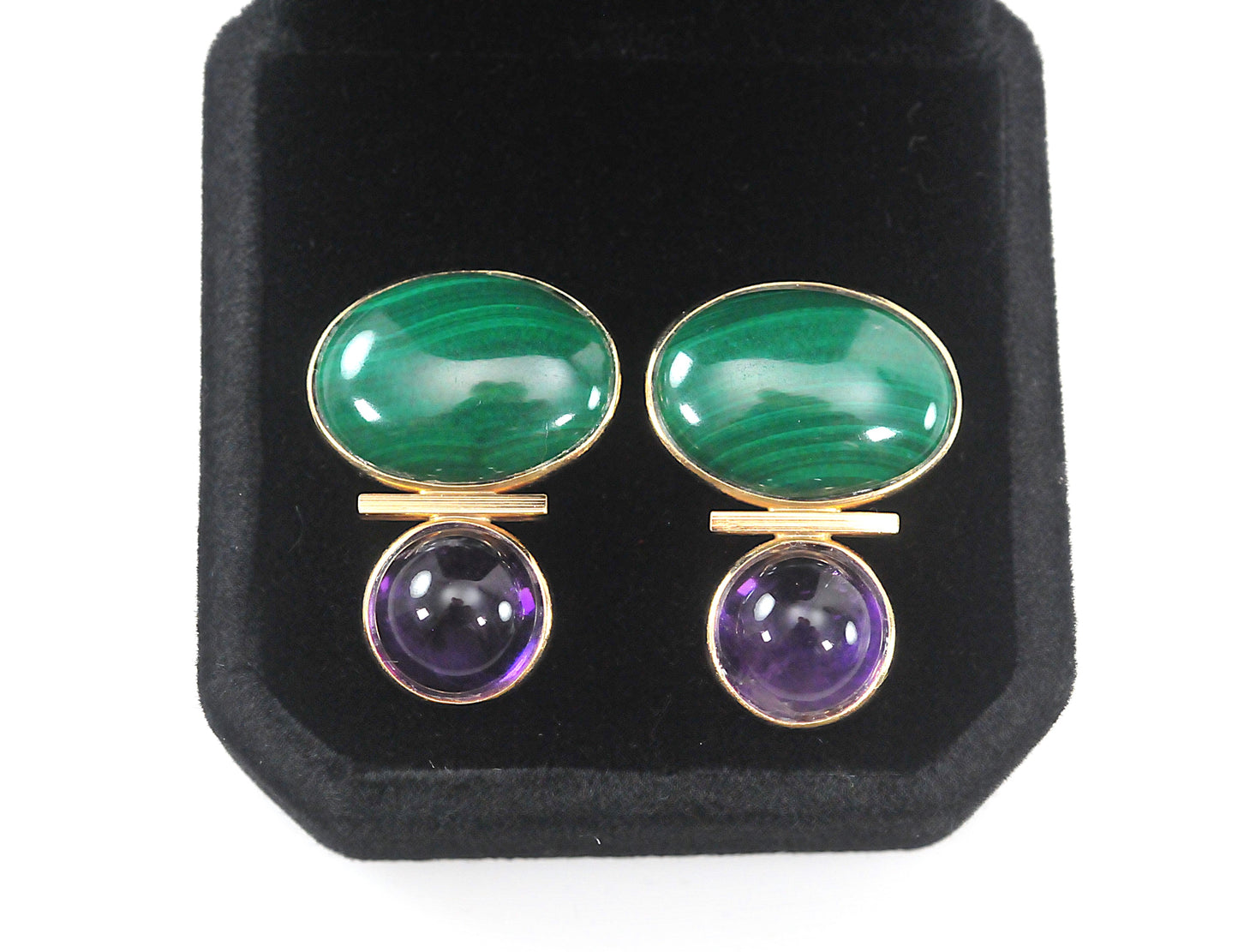 Signed 14K Gold Malachite Amethyst Earrings