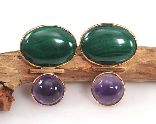 Signed 14K Gold Malachite Amethyst Earrings