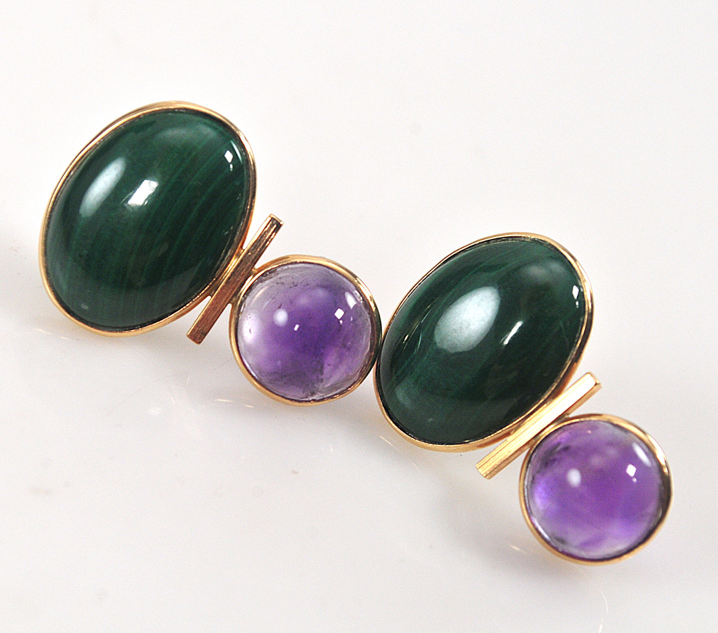 Signed 14K Gold Malachite Amethyst Earrings