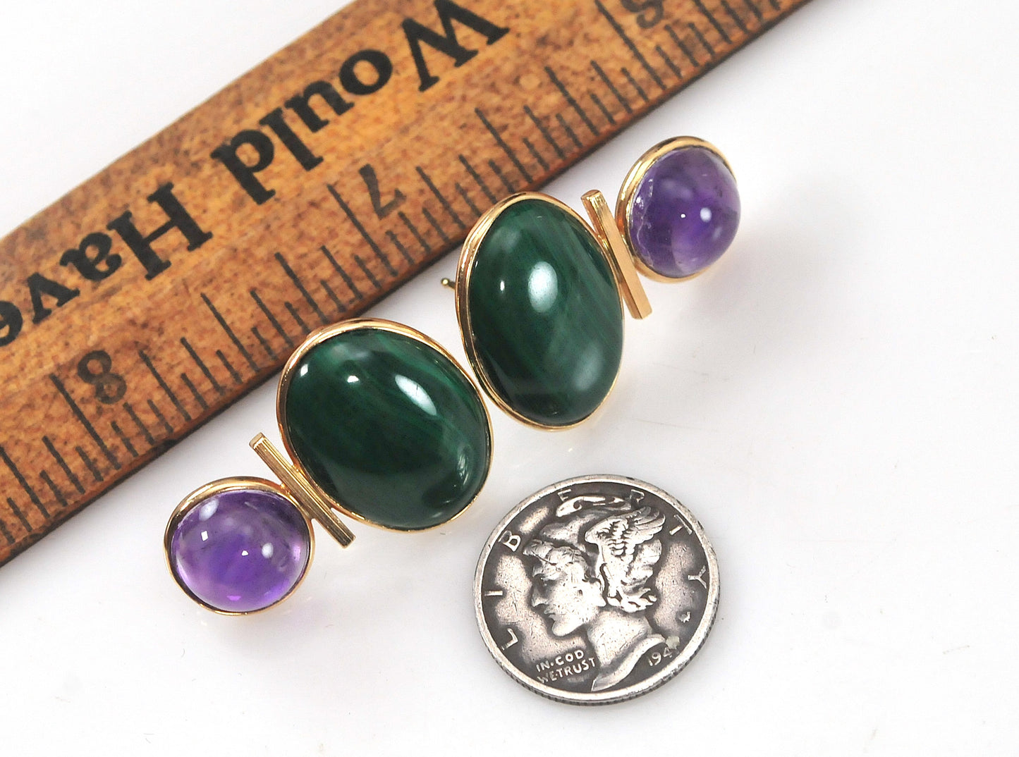 Signed 14K Gold Malachite Amethyst Earrings