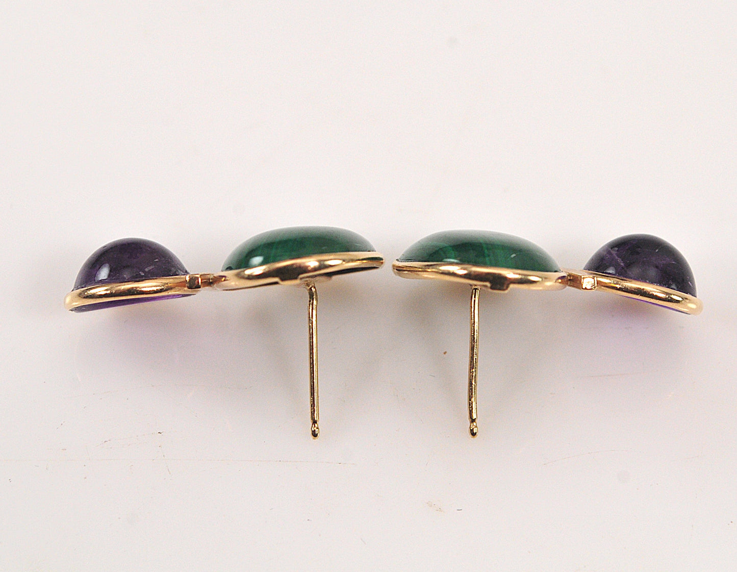 Signed 14K Gold Malachite Amethyst Earrings