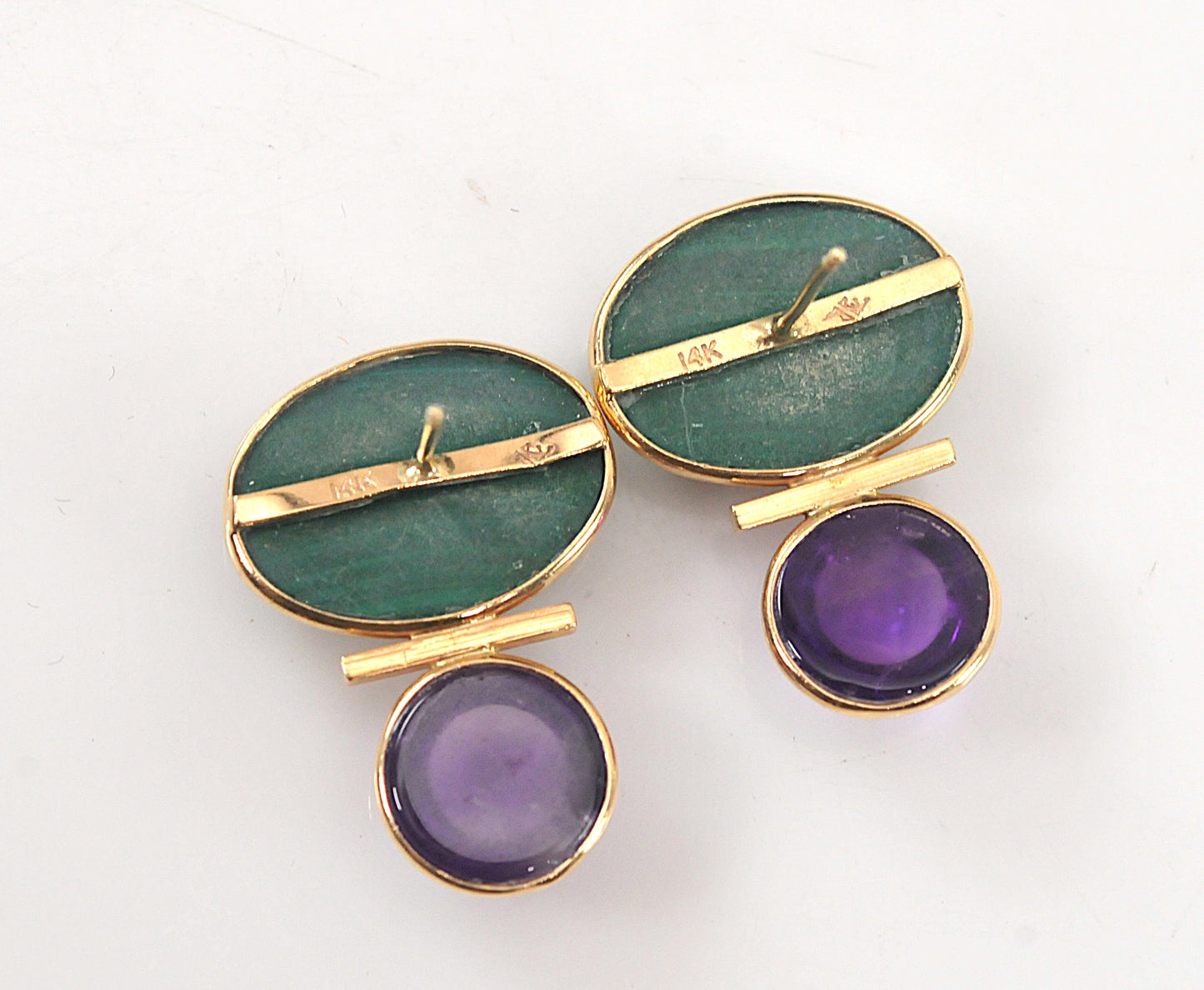 Signed 14K Gold Malachite Amethyst Earrings