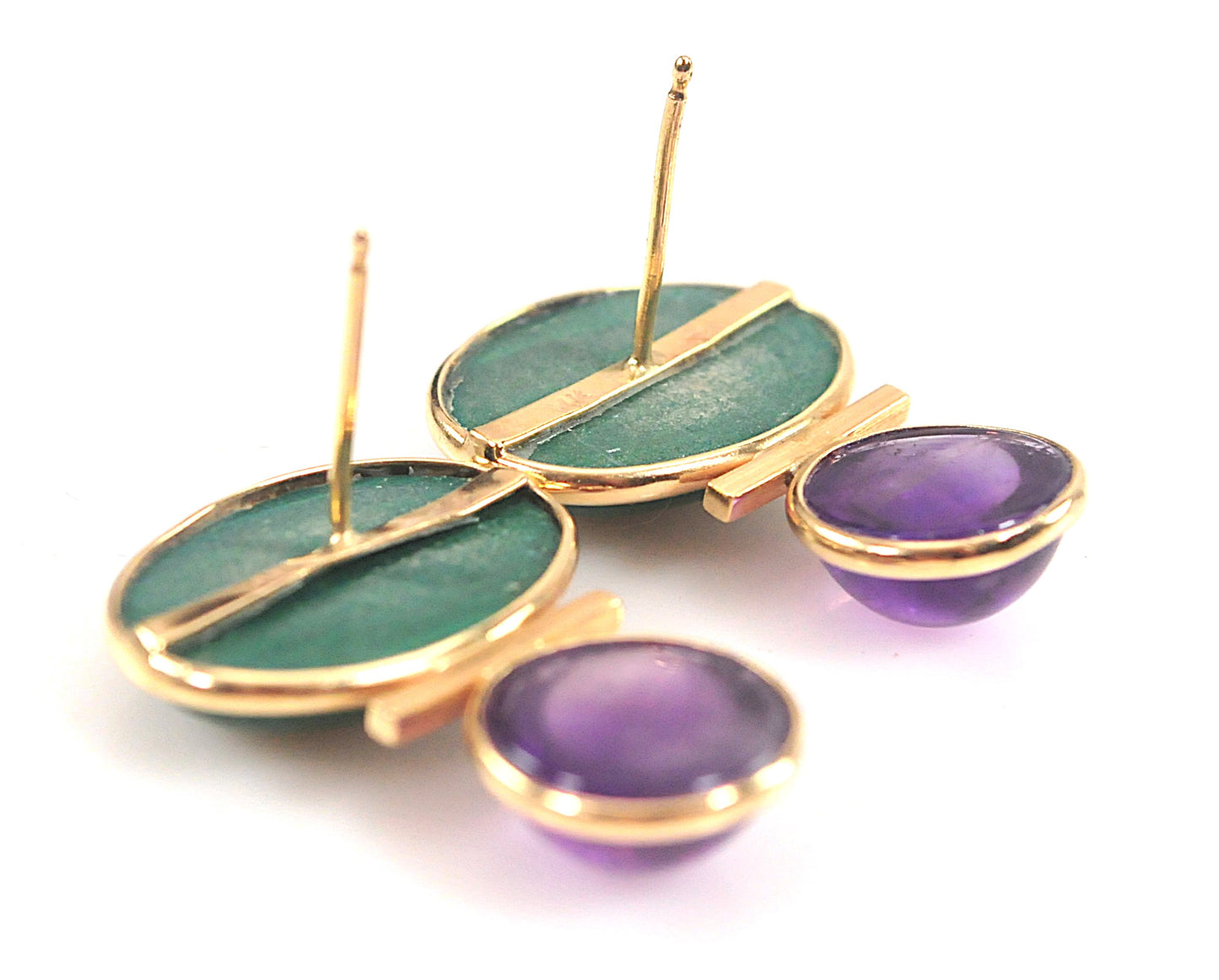 Signed 14K Gold Malachite Amethyst Earrings