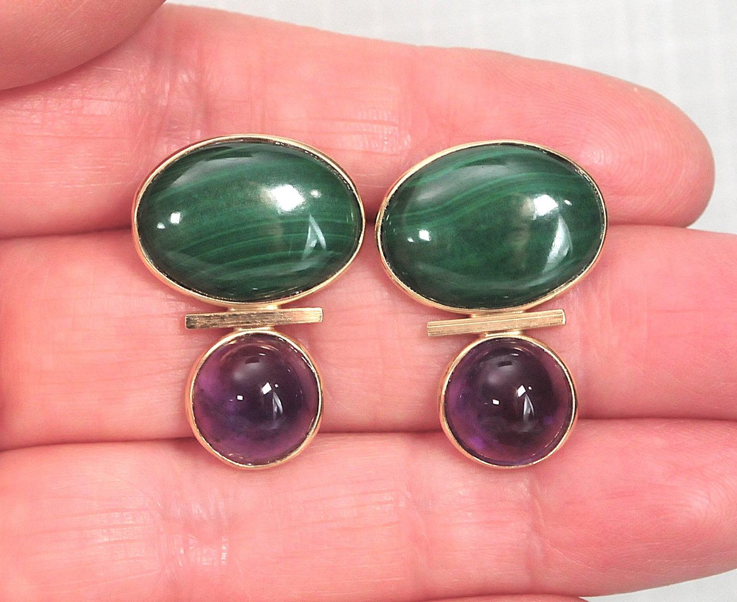 Signed 14K Gold Malachite Amethyst Earrings