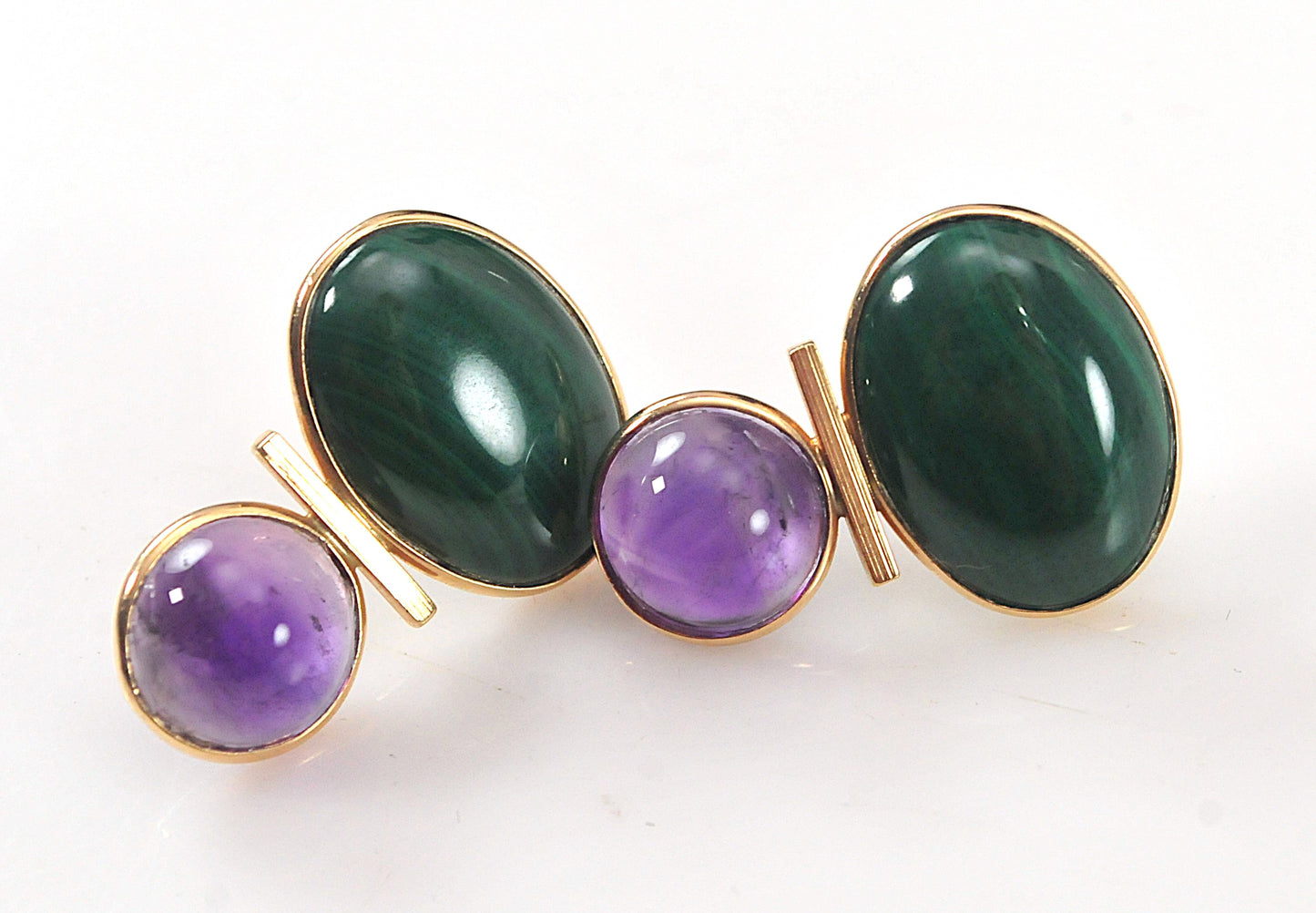 Signed 14K Gold Malachite Amethyst Earrings